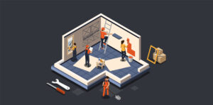 Concept Of Apartment Repair. Professional Construction Crew Led By Foreman In Uniform Repair Or Office According The Project. People Work With Work Tools Paint Walls. Isometric Vector Illustration.
