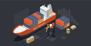 Global logistics network concept. Set of Cargo Ship, Containers, Forklift, Workers. Transportation maritime shipping On-time delivery designed to carry large numbers of Sea freight. Flat style.